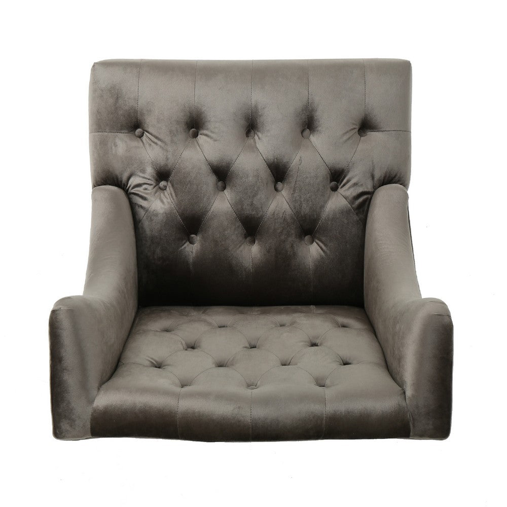 Benjara Tesy High Back Accent Club Chair, Gray Tufted Velvet, Black Wood Legs