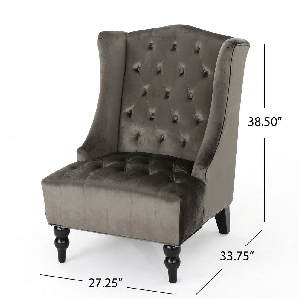 Benjara Tesy High Back Accent Club Chair, Gray Tufted Velvet, Black Wood Legs