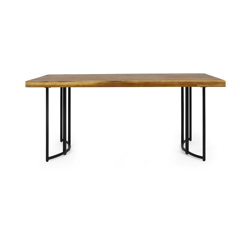 Benjara Niyan Outdoor Dining Table, Brown Wood Top, Black Metal Base, 72 Inch