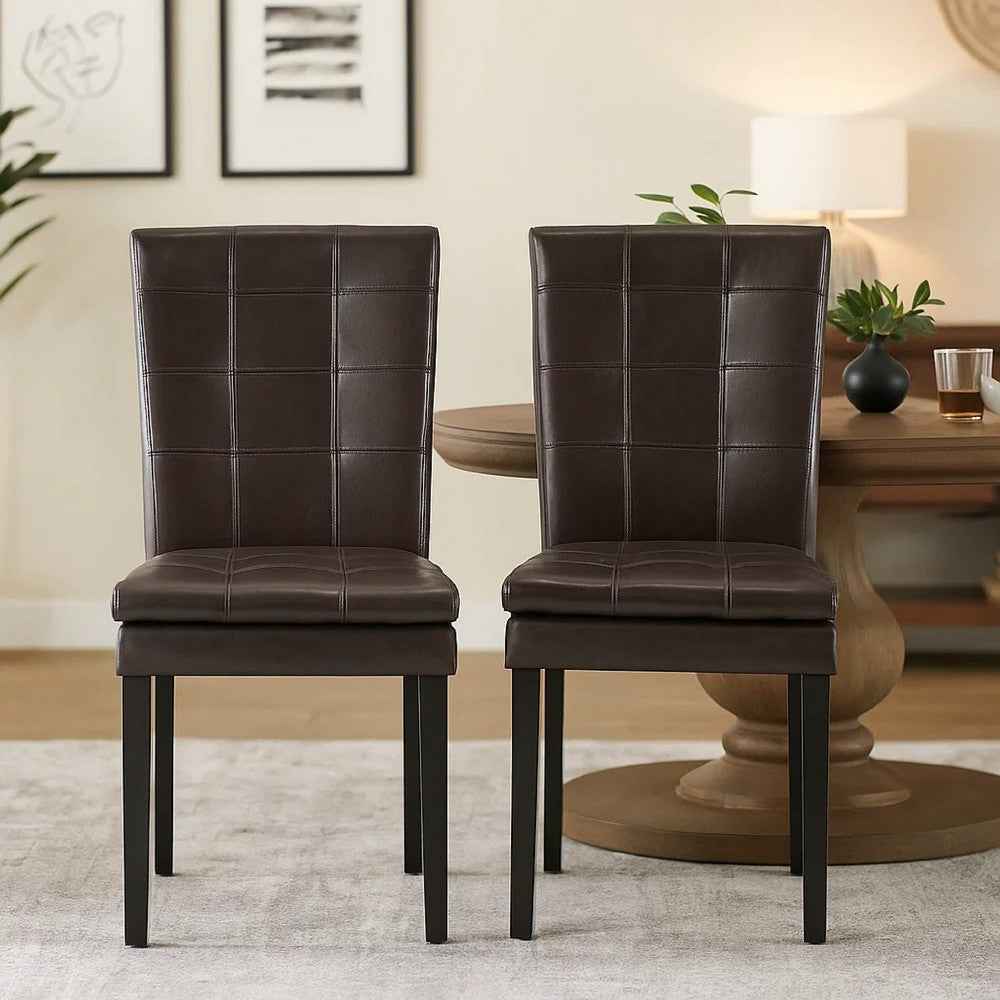 Benjara Brenda Dining Chair Set of 2, Chocolate Brown Tufted Faux Leather