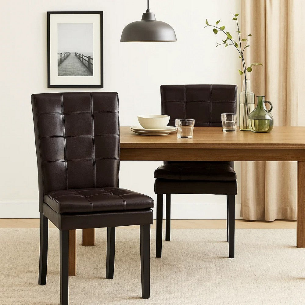 Benjara Brenda Dining Chair Set of 2, Chocolate Brown Tufted Faux Leather