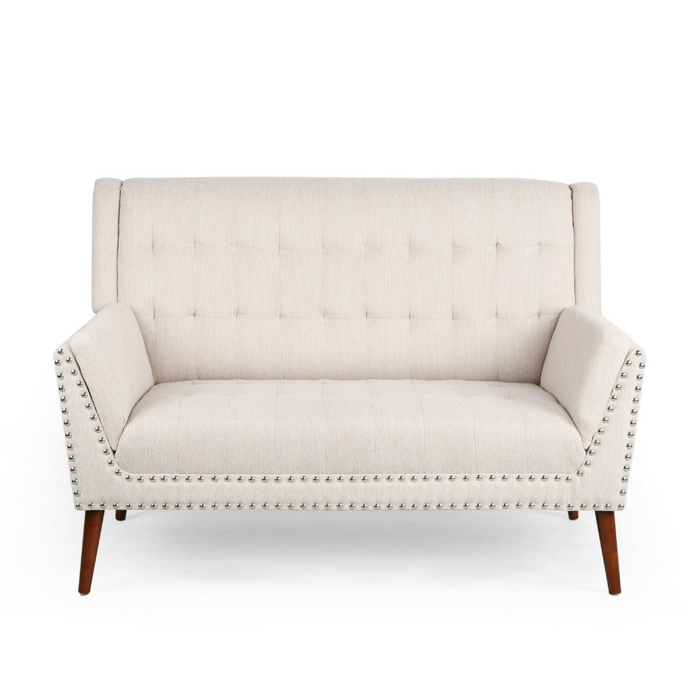 Benjara Loveseat, Beige Button Tufted Fabric, Retro Brown Solid Wood, 57 Inch