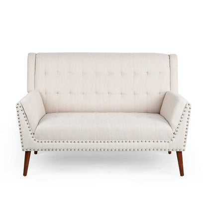 Benjara Loveseat, Beige Button Tufted Fabric, Retro Brown Solid Wood, 57 Inch