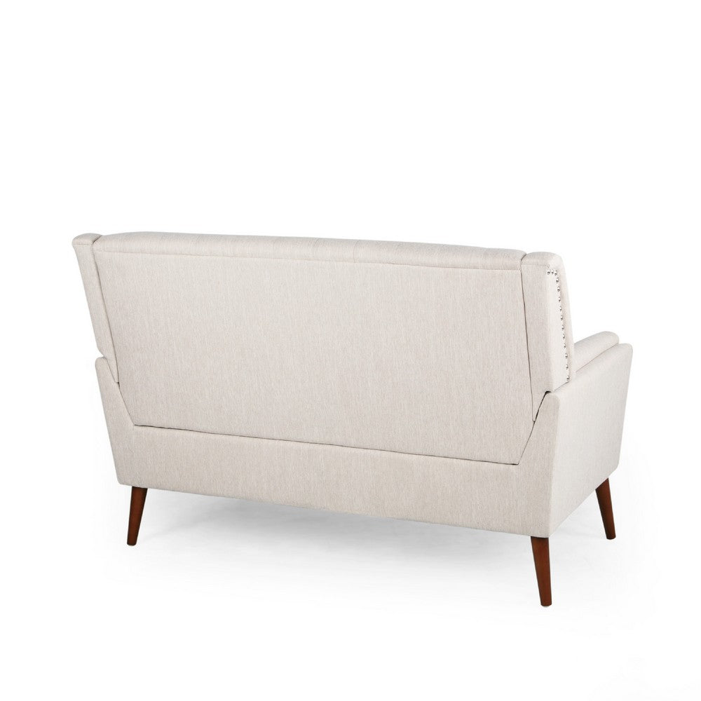 Benjara Loveseat, Beige Button Tufted Fabric, Retro Brown Solid Wood, 57 Inch