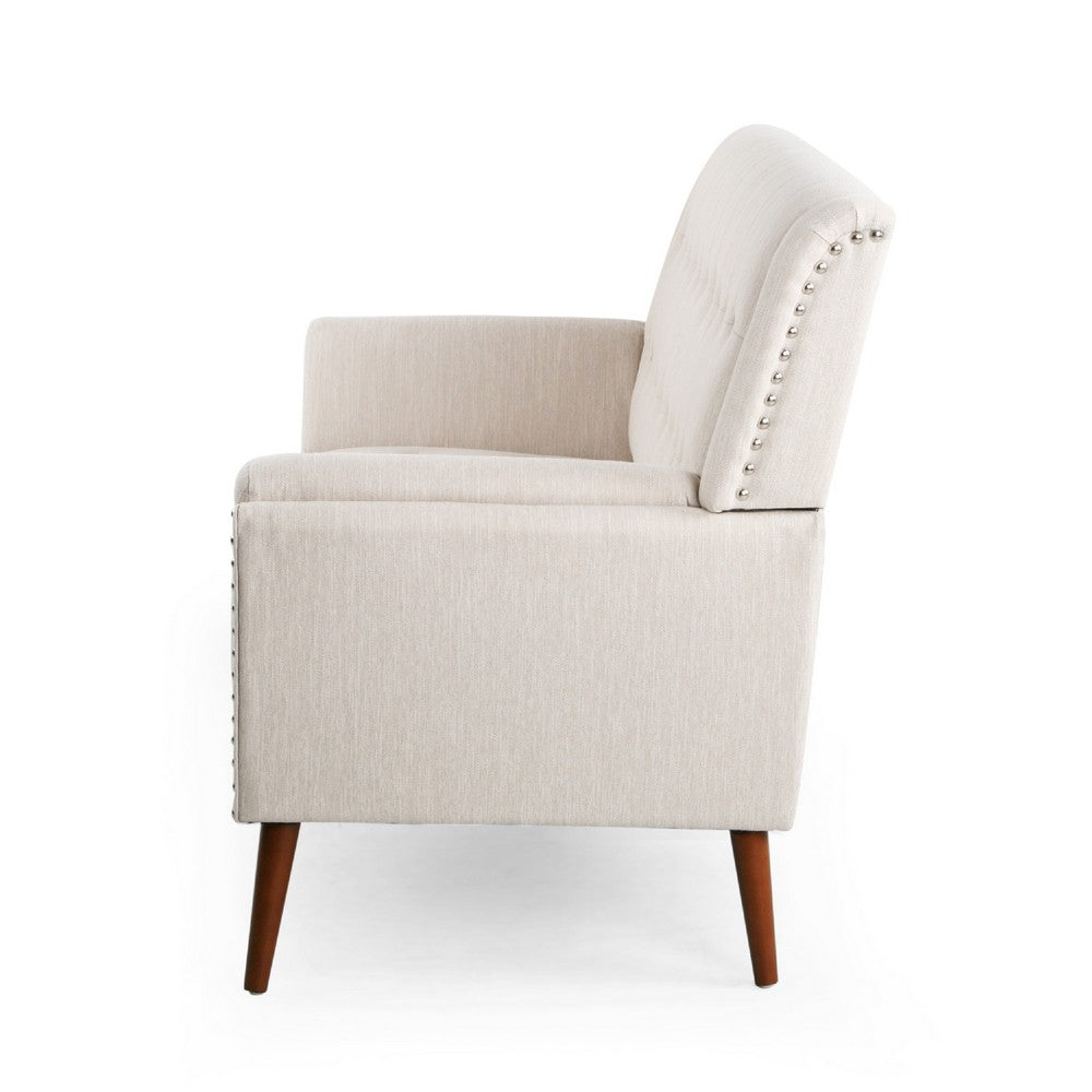 Benjara Loveseat, Beige Button Tufted Fabric, Retro Brown Solid Wood, 57 Inch