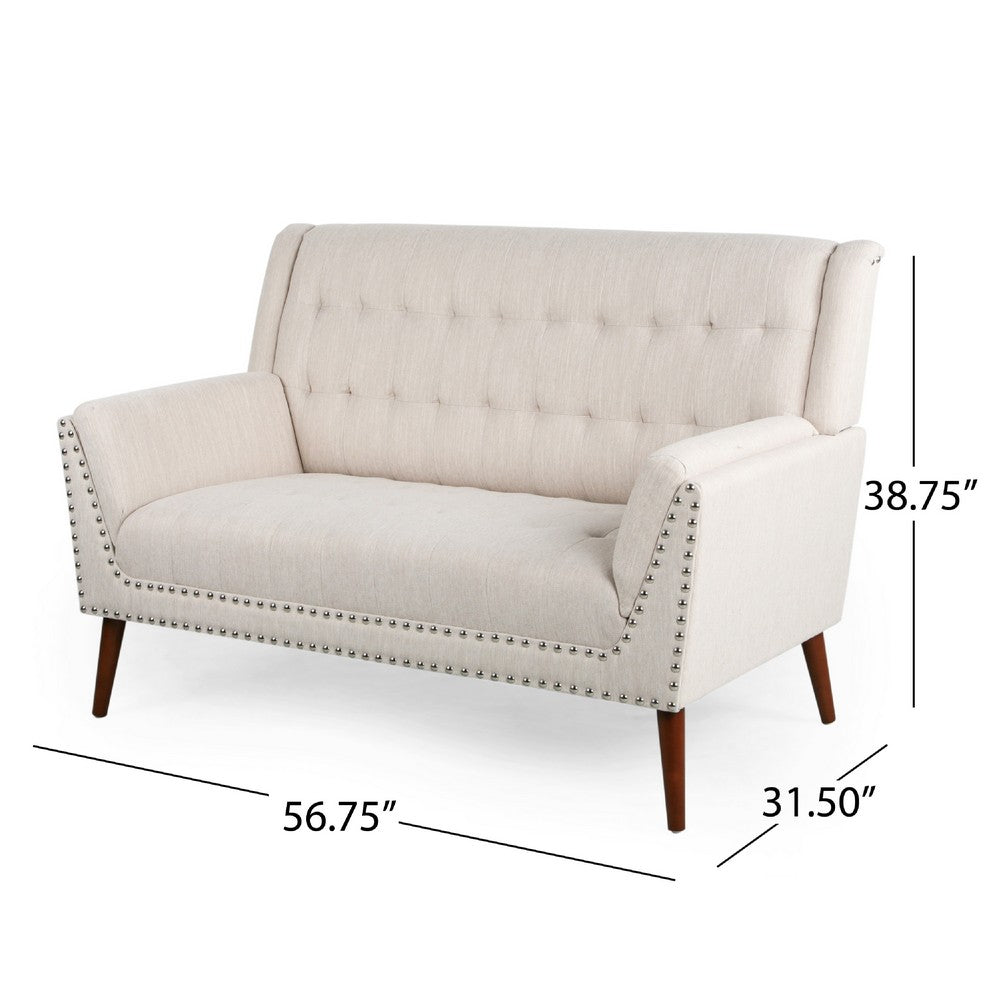 Benjara Loveseat, Beige Button Tufted Fabric, Retro Brown Solid Wood, 57 Inch