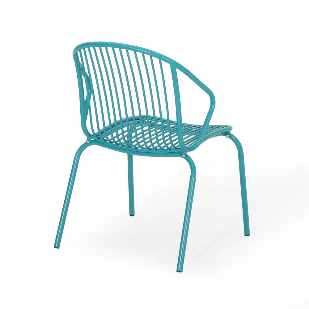 Benjara Osto Outdoor Side Chair Set of 2, Teal Blue Iron Frames, Sleek Legs