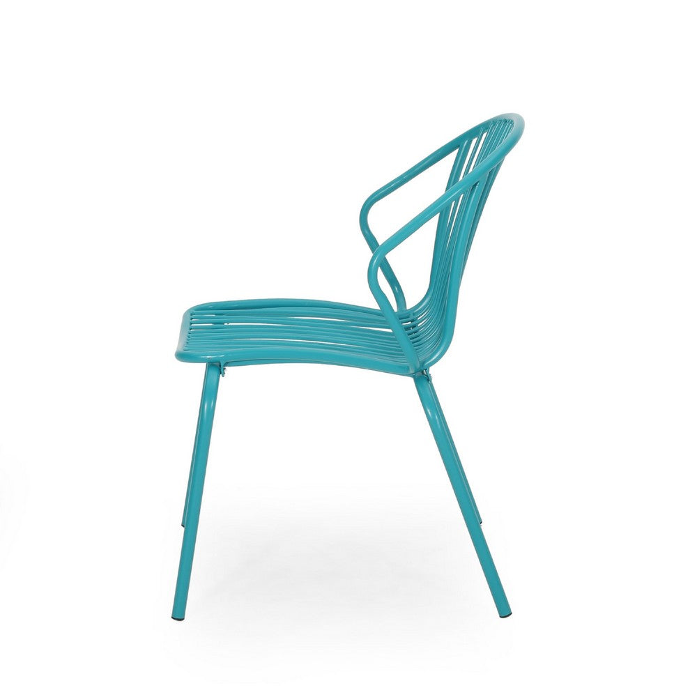 Benjara Osto Outdoor Side Chair Set of 2, Teal Blue Iron Frames, Sleek Legs