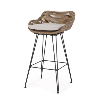 Benjara Outdoor Barstool Chair Set of 2, Beige Fabric, Brown Rattan, Black
