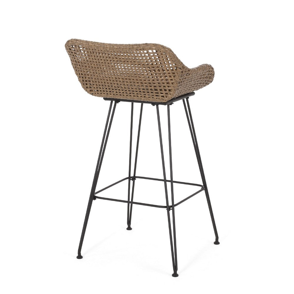Benjara Outdoor Barstool Chair Set of 2, Beige Fabric, Brown Rattan, Black
