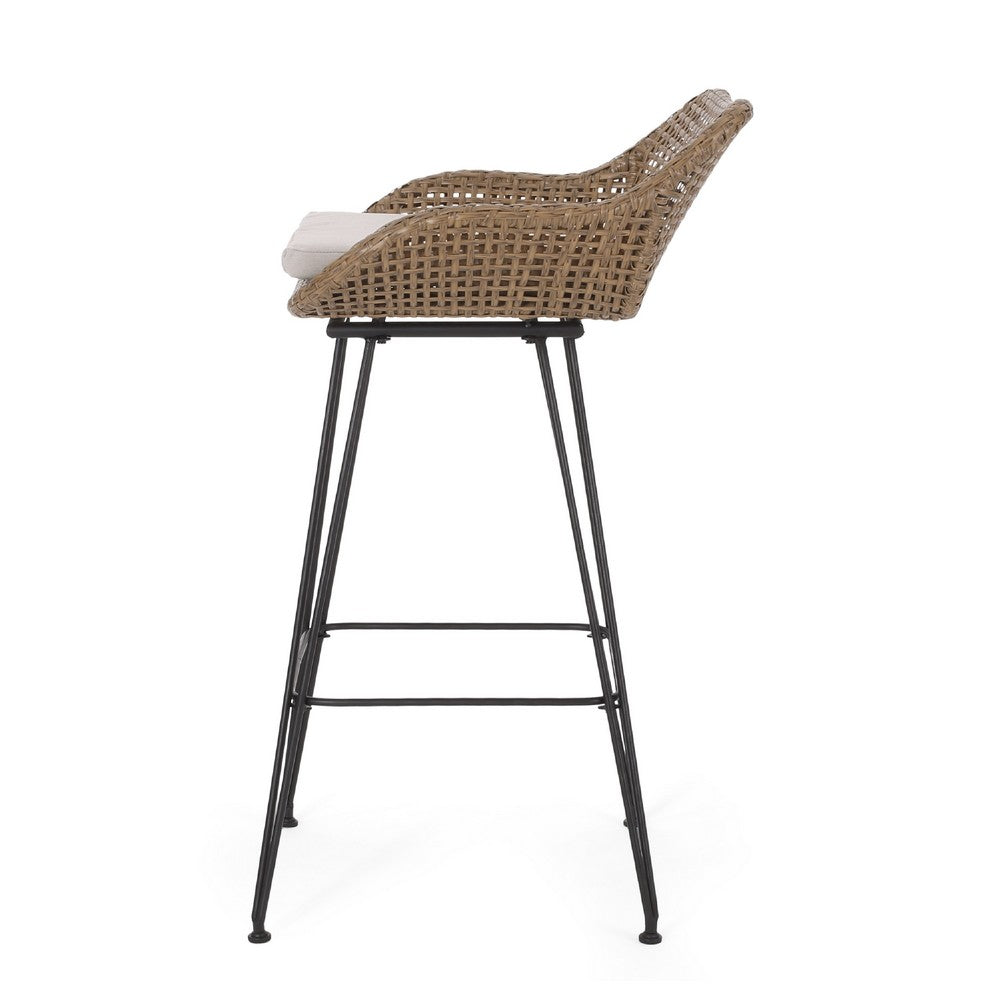Benjara Outdoor Barstool Chair Set of 2, Beige Fabric, Brown Rattan, Black
