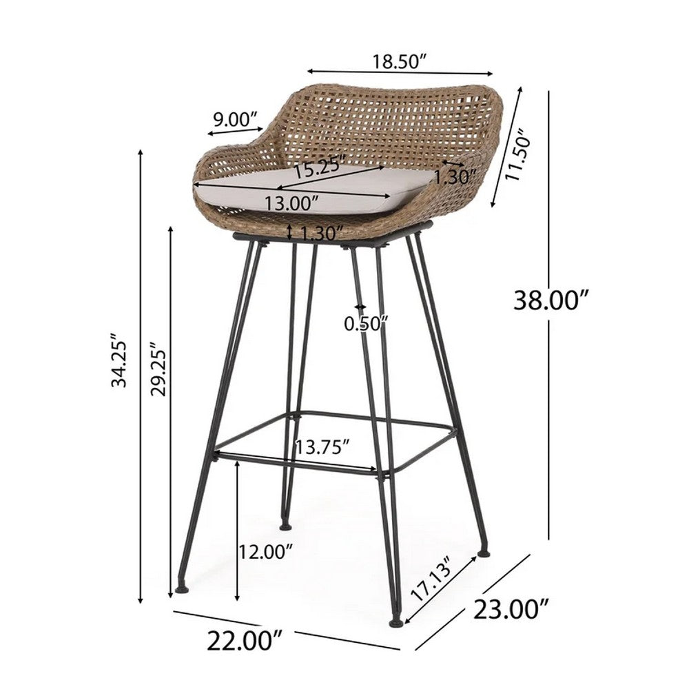 Benjara Outdoor Barstool Chair Set of 2, Beige Fabric, Brown Rattan, Black