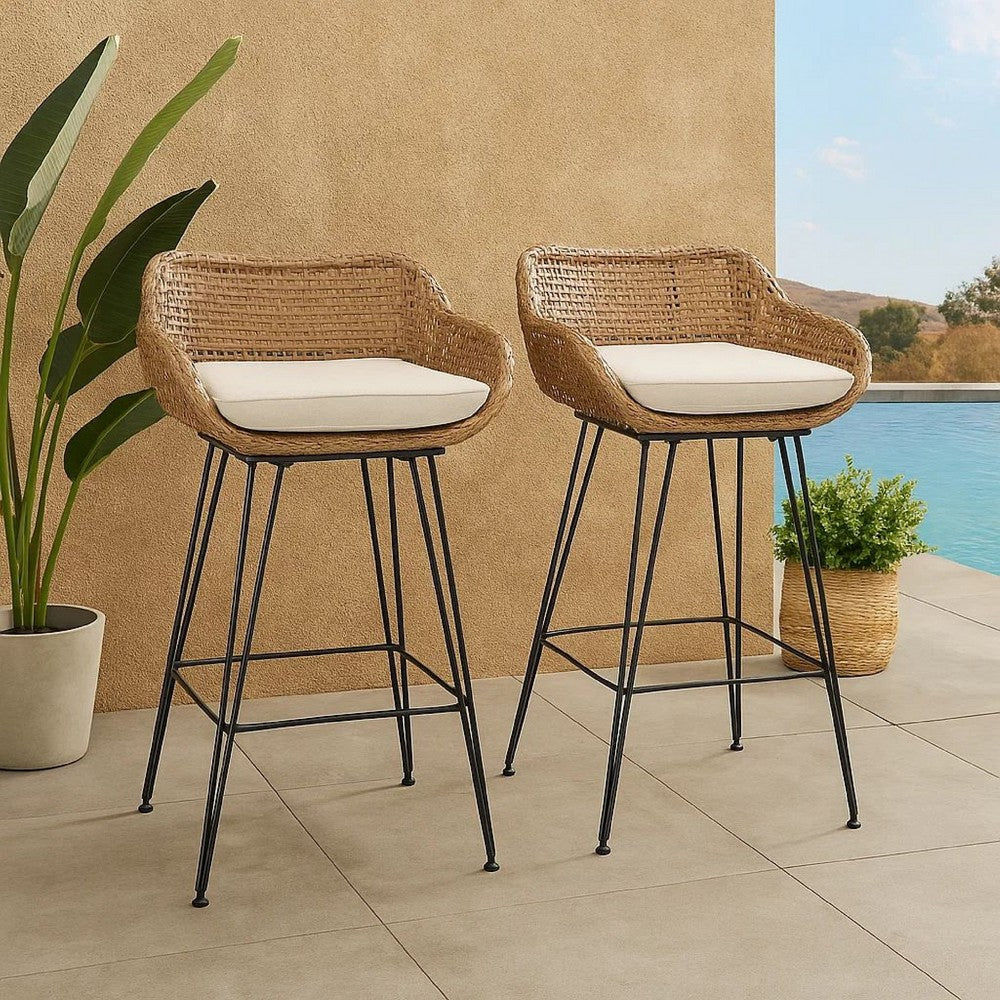 Benjara Outdoor Barstool Chair Set of 2, Beige Fabric, Brown Rattan, Black