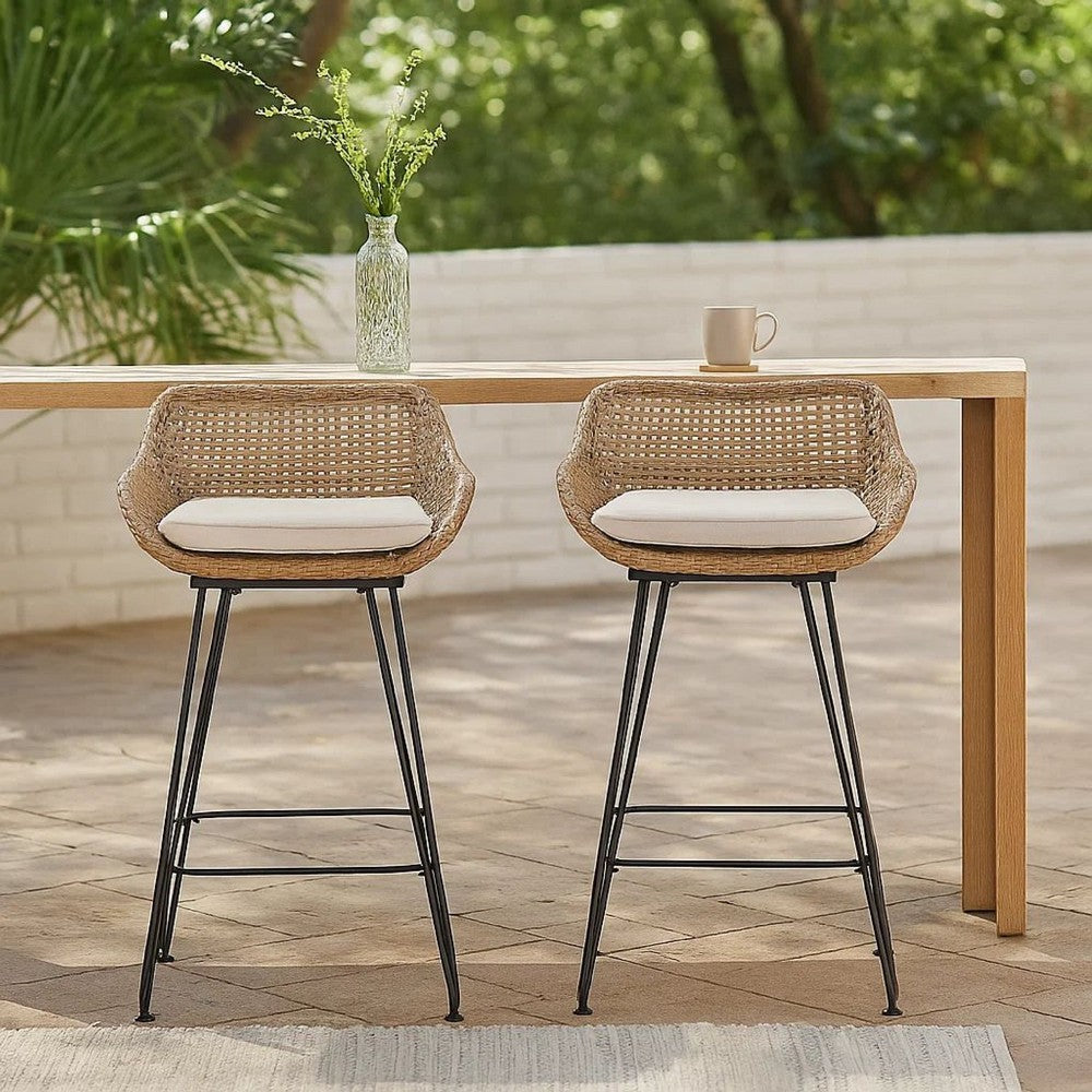 Benjara Outdoor Barstool Chair Set of 2, Beige Fabric, Brown Rattan, Black