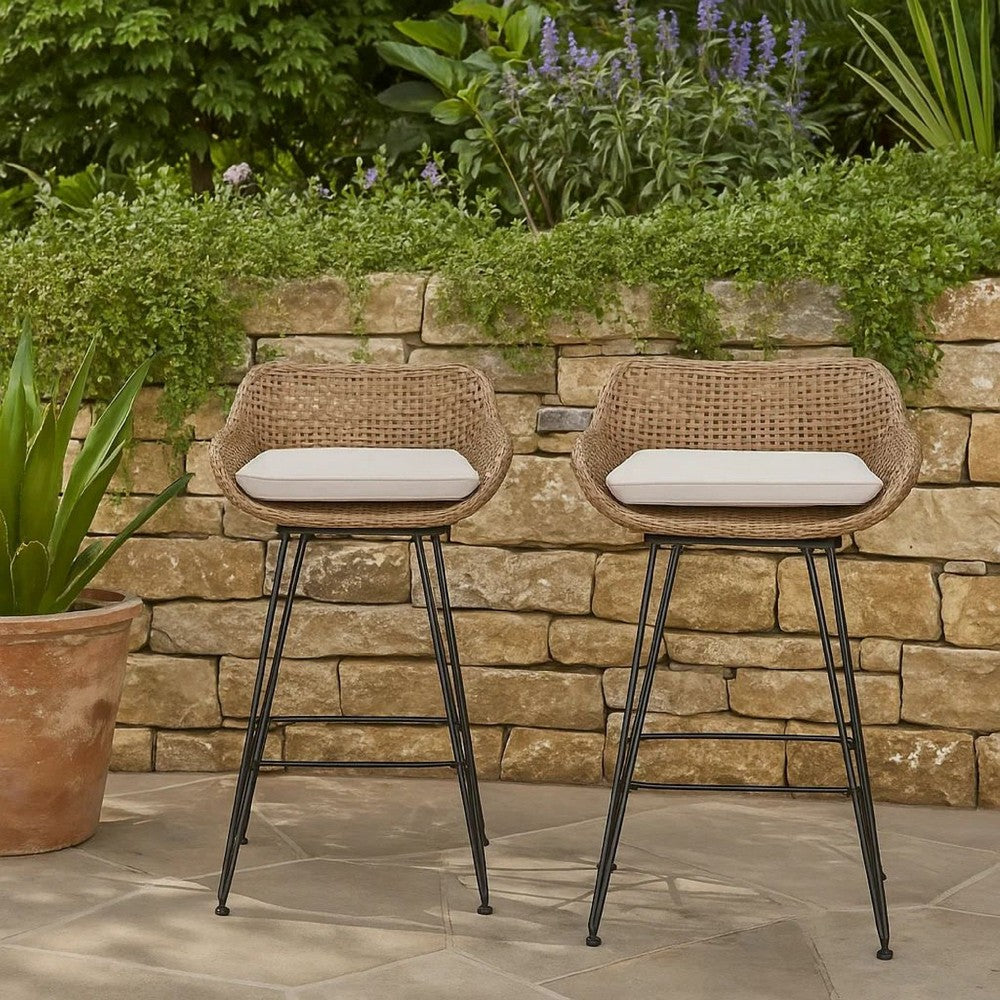 Benjara Outdoor Barstool Chair Set of 2, Beige Fabric, Brown Rattan, Black