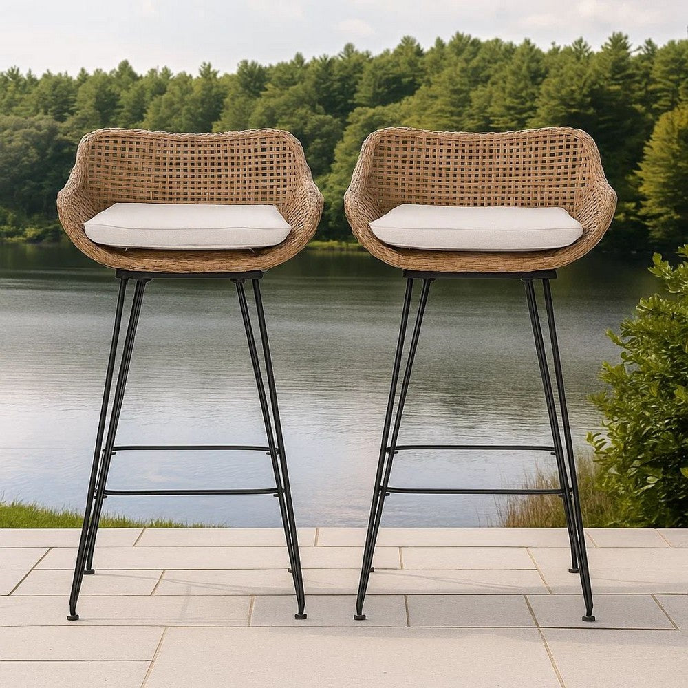 Benjara Outdoor Barstool Chair Set of 2, Beige Fabric, Brown Rattan, Black