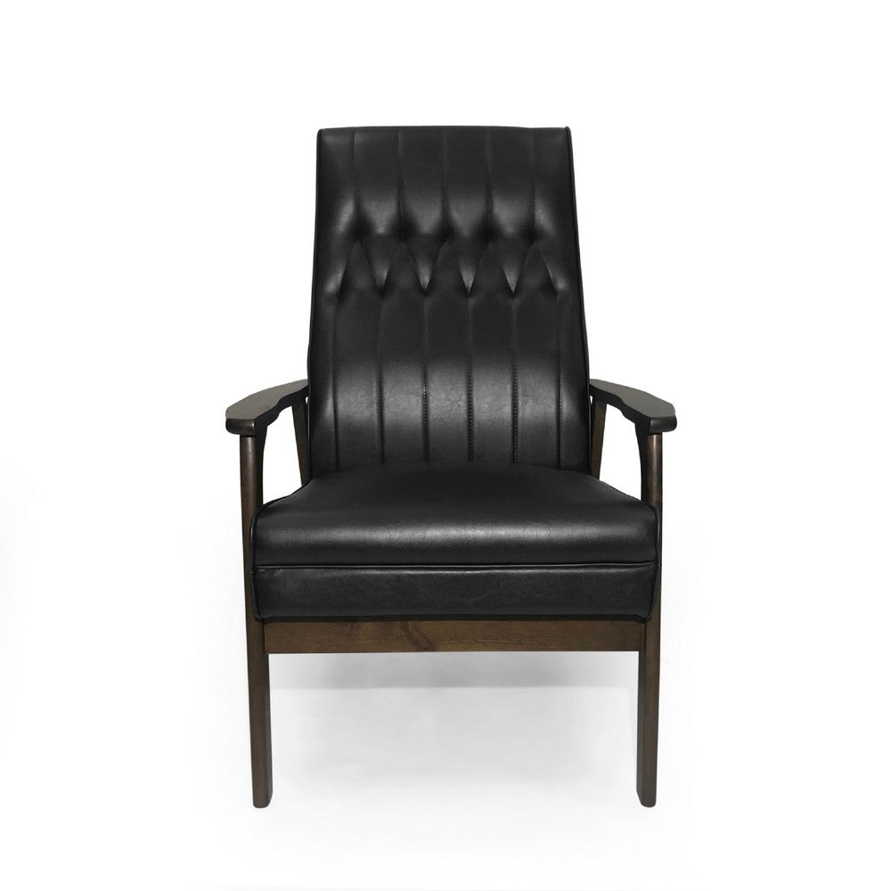 Benjara Accent Armchair, Tufted Matte Black Faux Leather, Brown Wood Frame