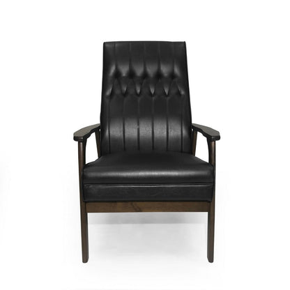 Benjara Accent Armchair, Tufted Matte Black Faux Leather, Brown Wood Frame