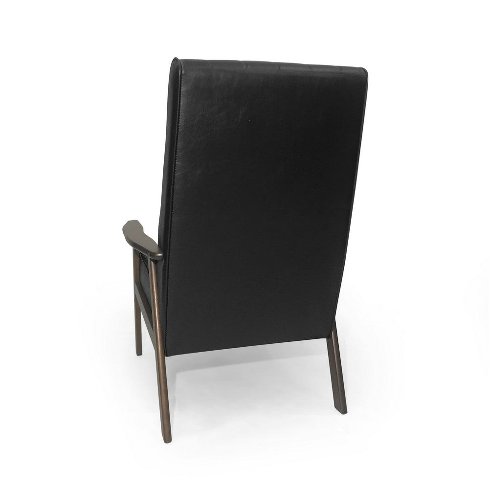 Benjara Accent Armchair, Tufted Matte Black Faux Leather, Brown Wood Frame