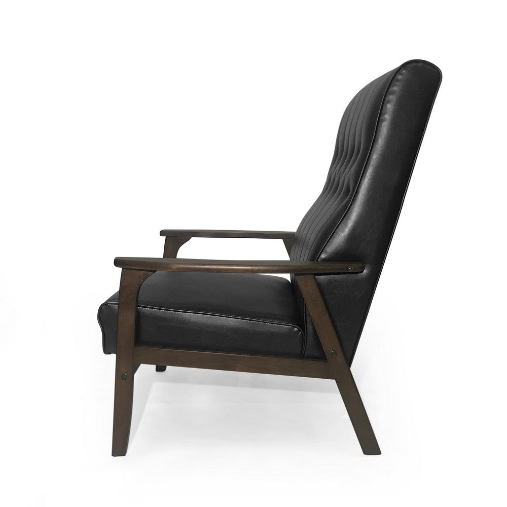 Benjara Accent Armchair, Tufted Matte Black Faux Leather, Brown Wood Frame