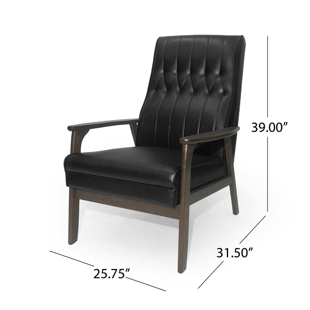 Benjara Accent Armchair, Tufted Matte Black Faux Leather, Brown Wood Frame