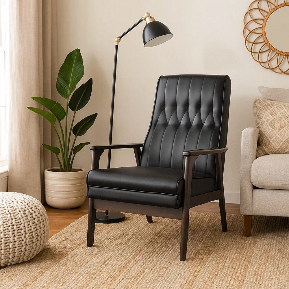 Benjara Accent Armchair, Tufted Matte Black Faux Leather, Brown Wood Frame
