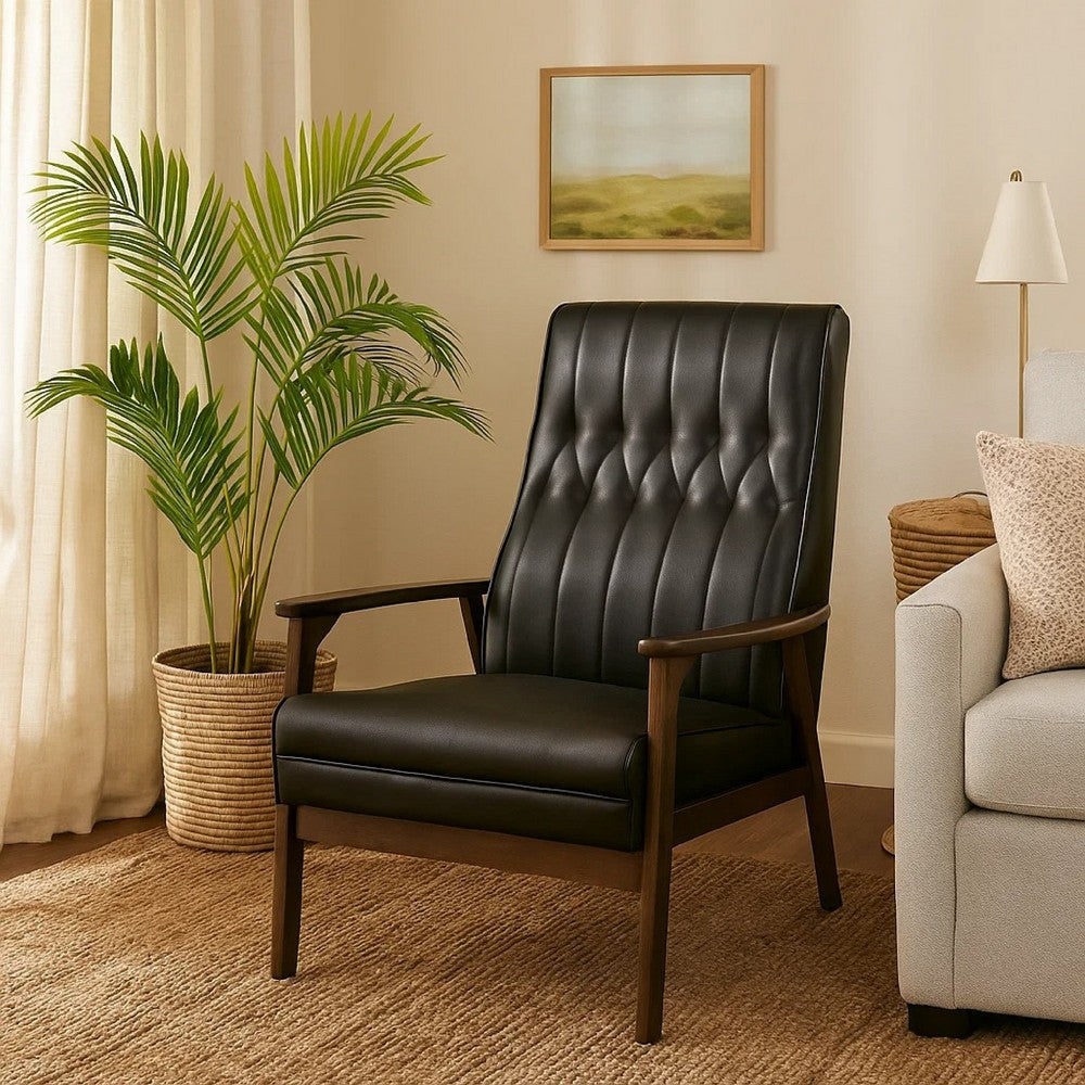 Benjara Accent Armchair, Tufted Matte Black Faux Leather, Brown Wood Frame