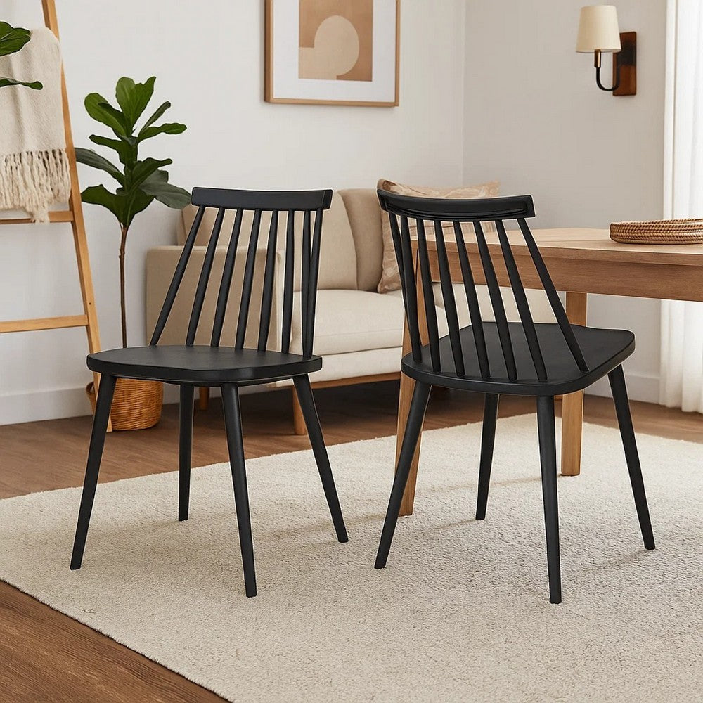 Benjara Dining Side Chair Set of 2, Black Polypropylene, Spindle Backrest