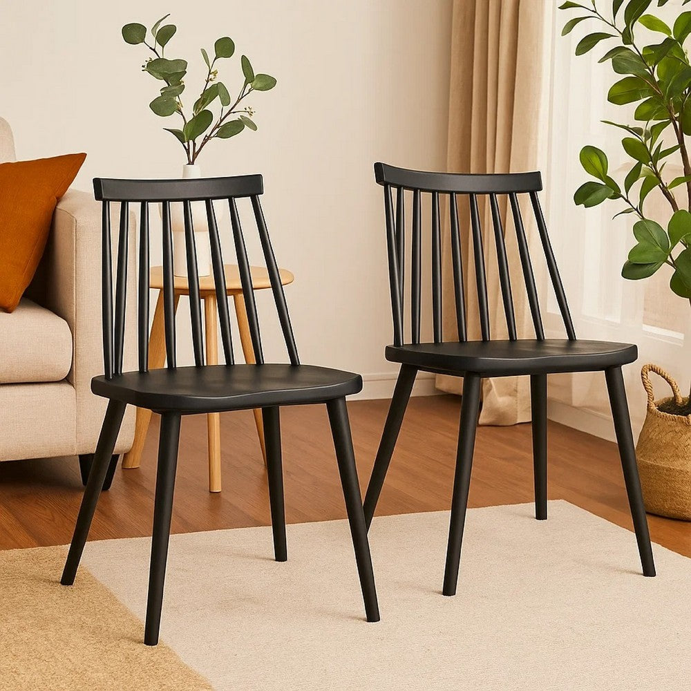 Benjara Dining Side Chair Set of 2, Black Polypropylene, Spindle Backrest