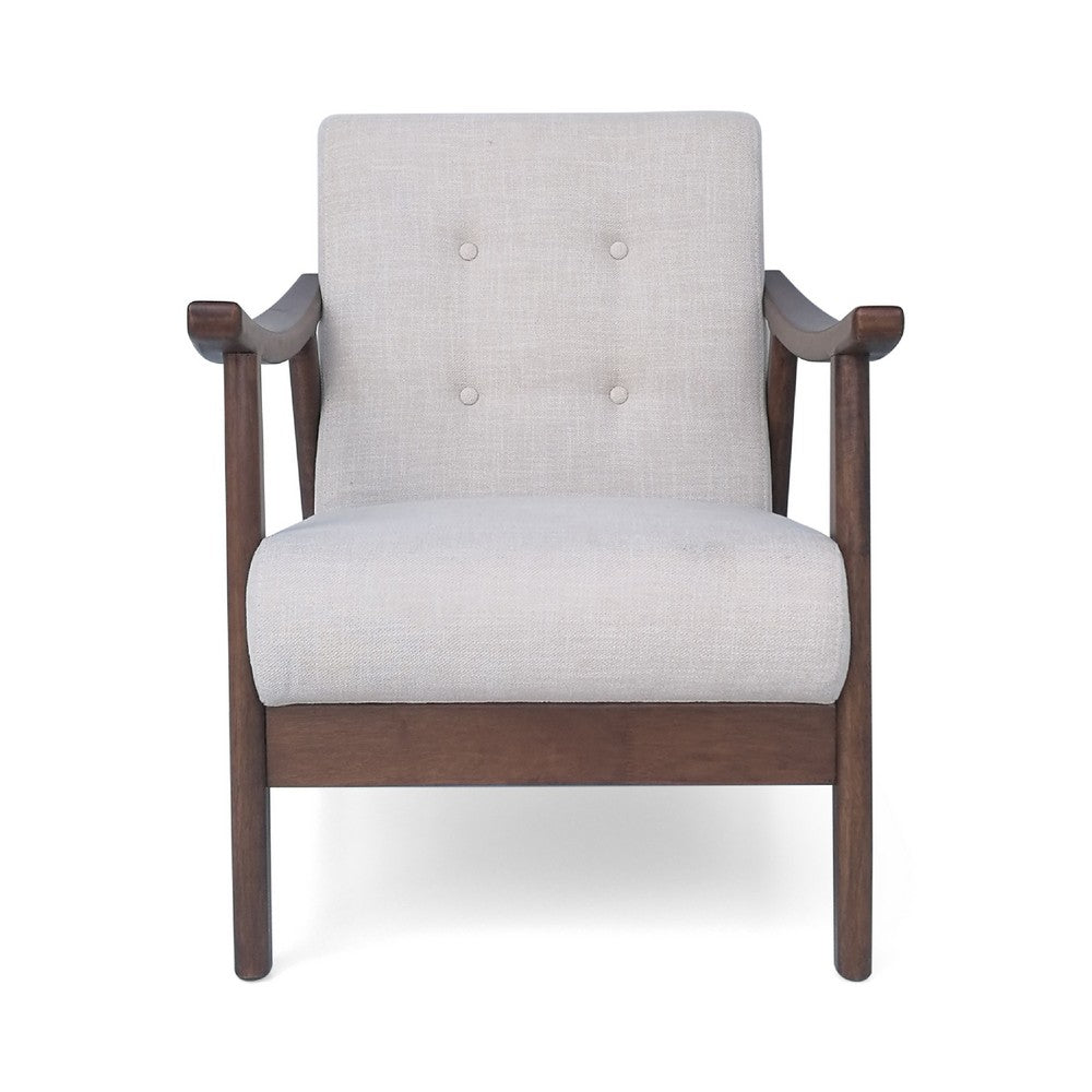 Benjara Accent Armchair, Soft Button Tufted Beige Fabric, Dark Brown Wood
