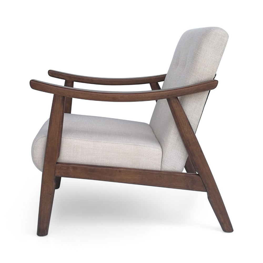 Benjara Accent Armchair, Soft Button Tufted Beige Fabric, Dark Brown Wood