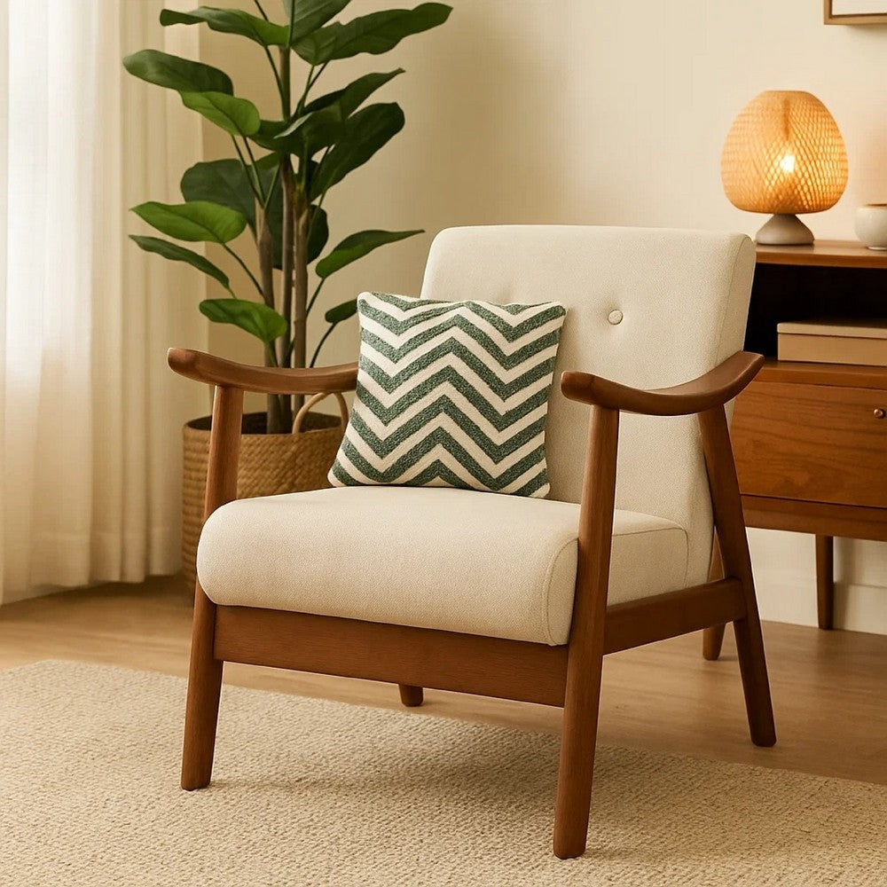 Benjara Accent Armchair, Soft Button Tufted Beige Fabric, Dark Brown Wood