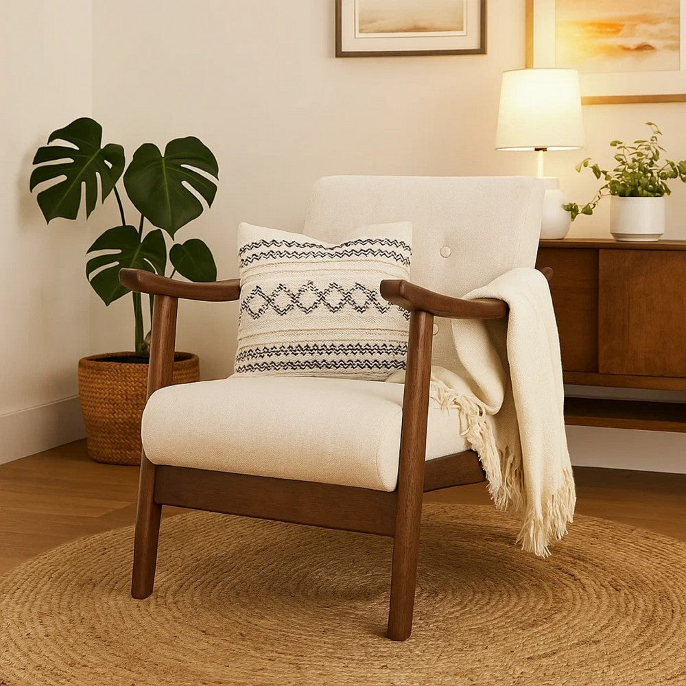 Benjara Accent Armchair, Soft Button Tufted Beige Fabric, Dark Brown Wood