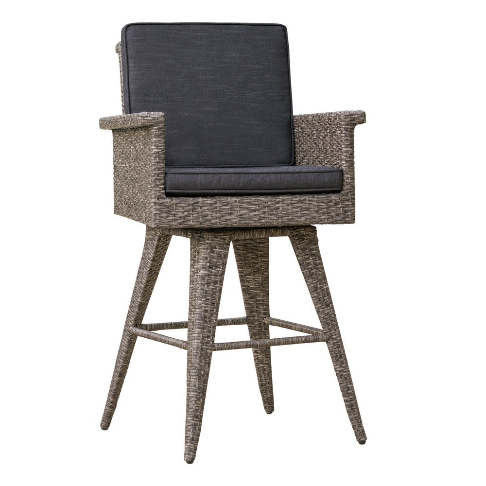 Benjara Outdoor Barstool Chair, Gray Black Wicker Rattan, Polyester Cushions