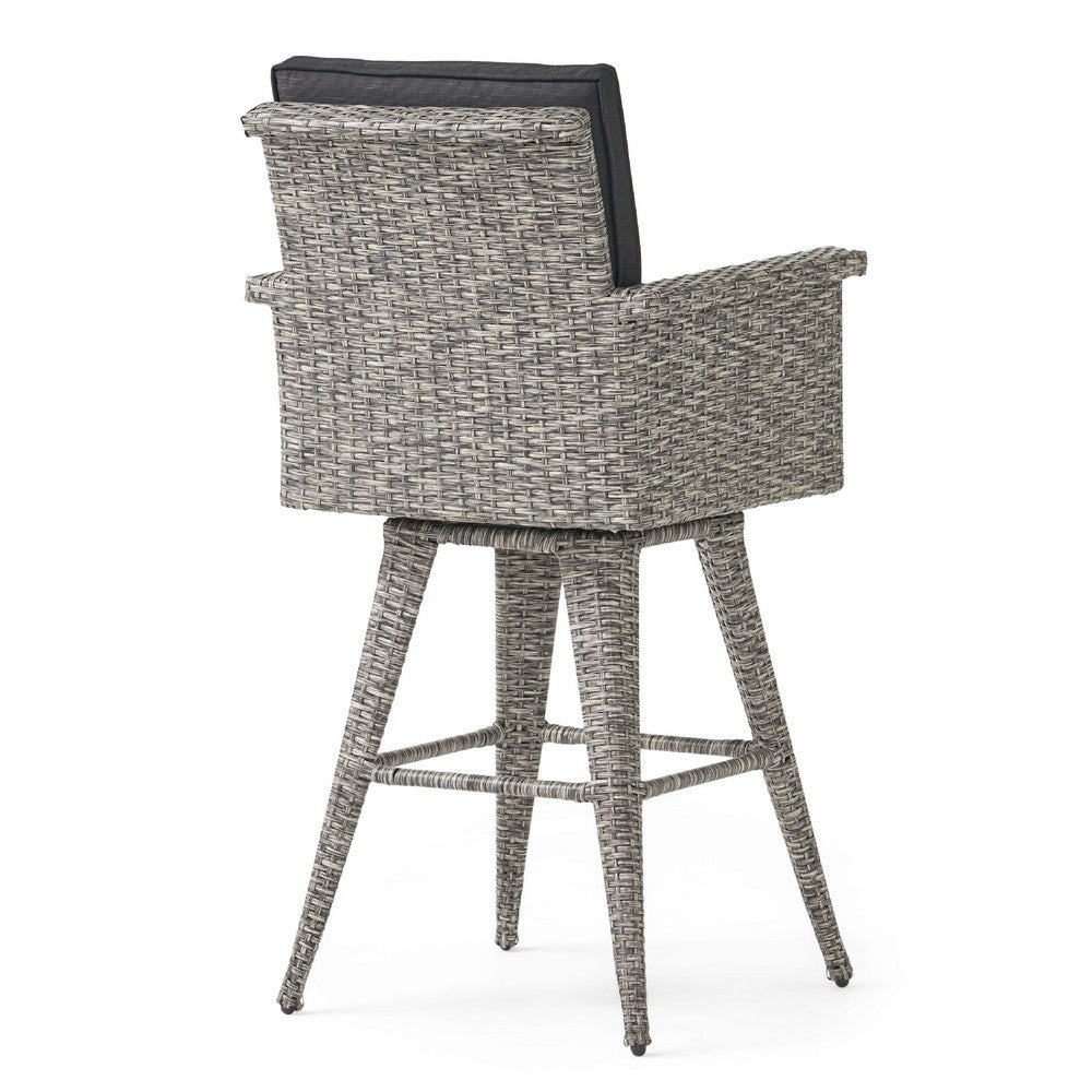 Benjara Outdoor Barstool Chair, Gray Black Wicker Rattan, Polyester Cushions