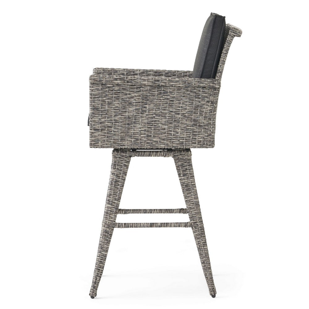 Benjara Outdoor Barstool Chair, Gray Black Wicker Rattan, Polyester Cushions