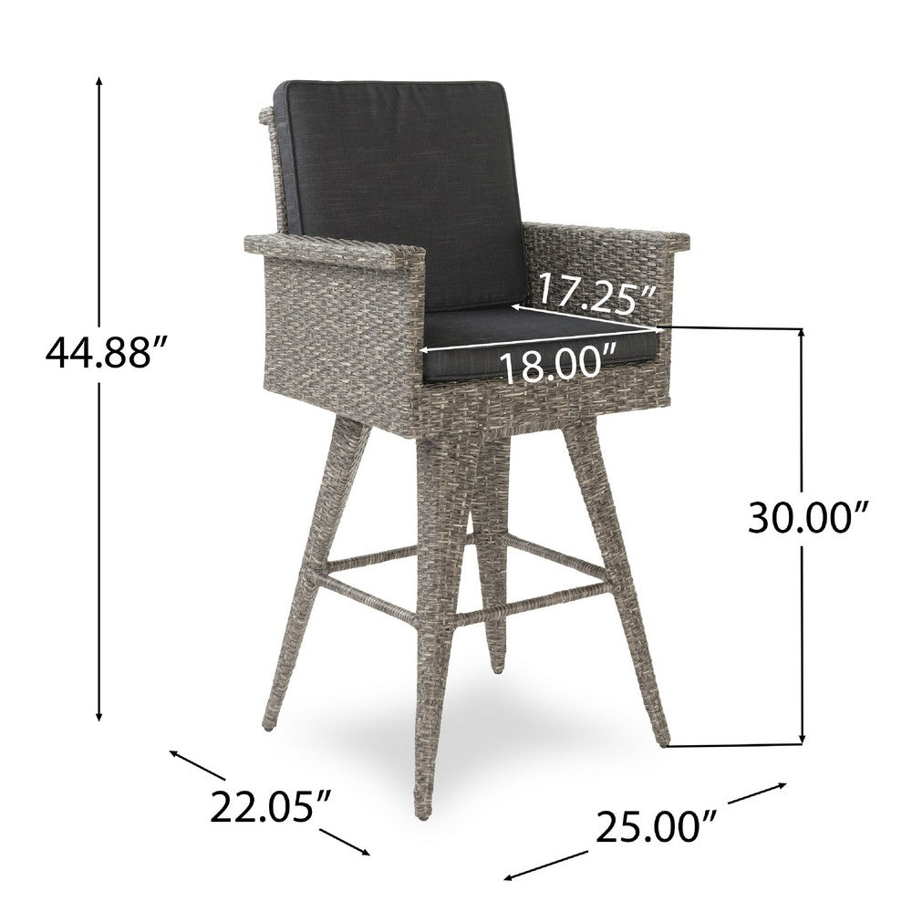 Benjara Outdoor Barstool Chair, Gray Black Wicker Rattan, Polyester Cushions