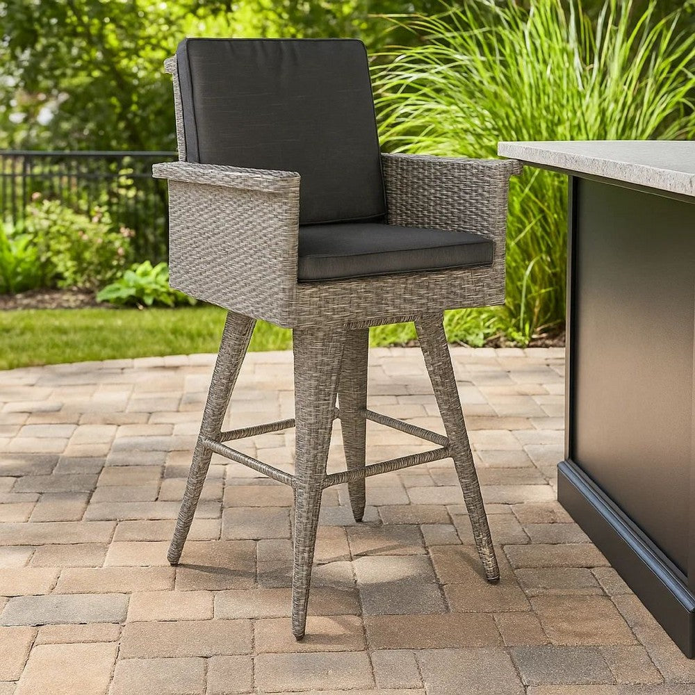 Benjara Outdoor Barstool Chair, Gray Black Wicker Rattan, Polyester Cushions