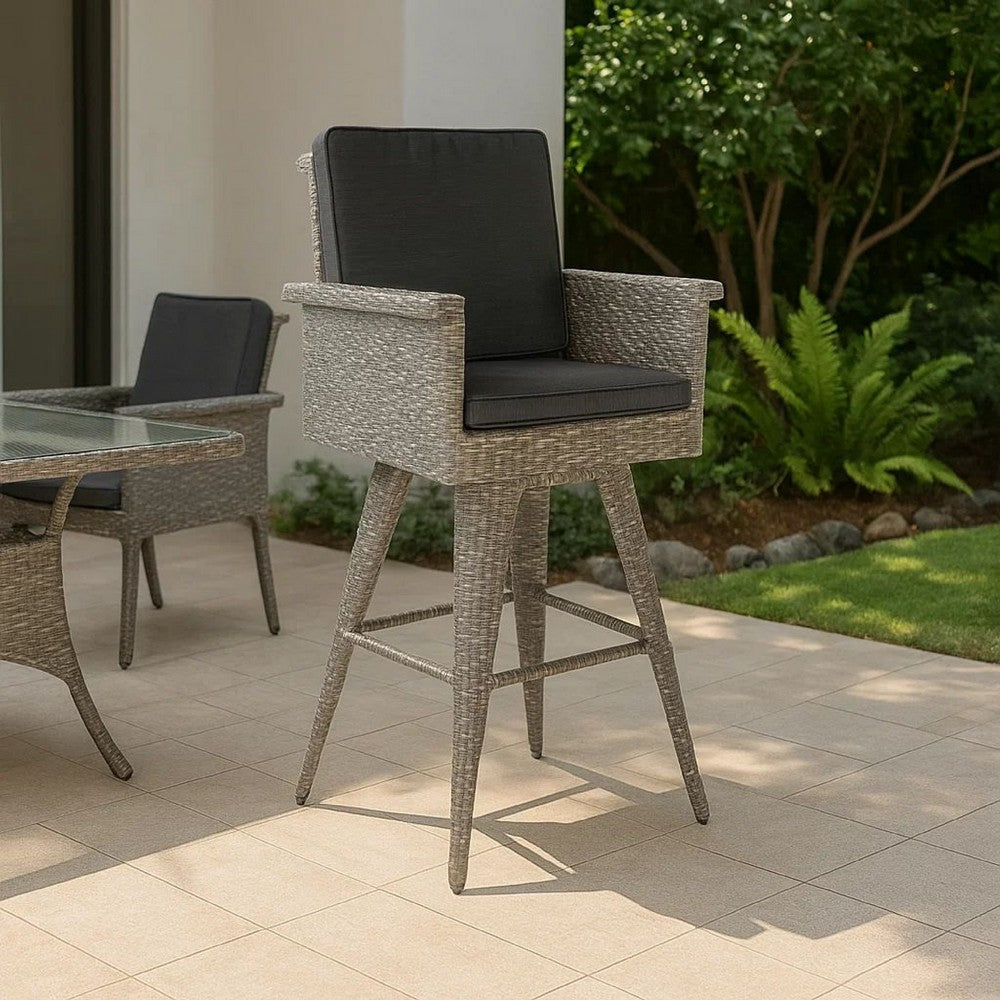 Benjara Outdoor Barstool Chair, Gray Black Wicker Rattan, Polyester Cushions