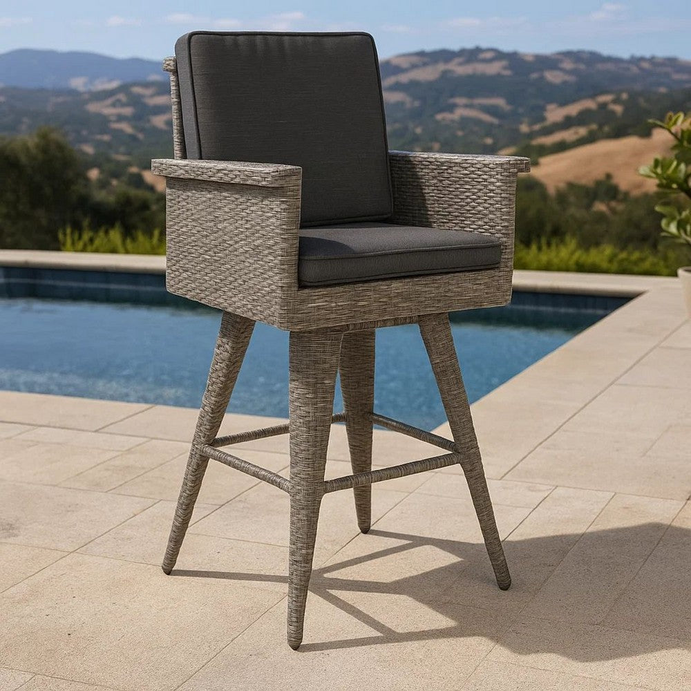 Benjara Outdoor Barstool Chair, Gray Black Wicker Rattan, Polyester Cushions