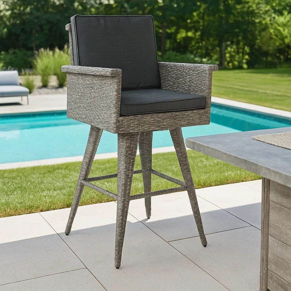Benjara Outdoor Barstool Chair, Gray Black Wicker Rattan, Polyester Cushions