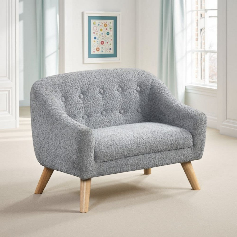 Benjara Aelia Kids Size Sofa Chair, Wood Legs, Gray Tufted Chenille 29 Inch