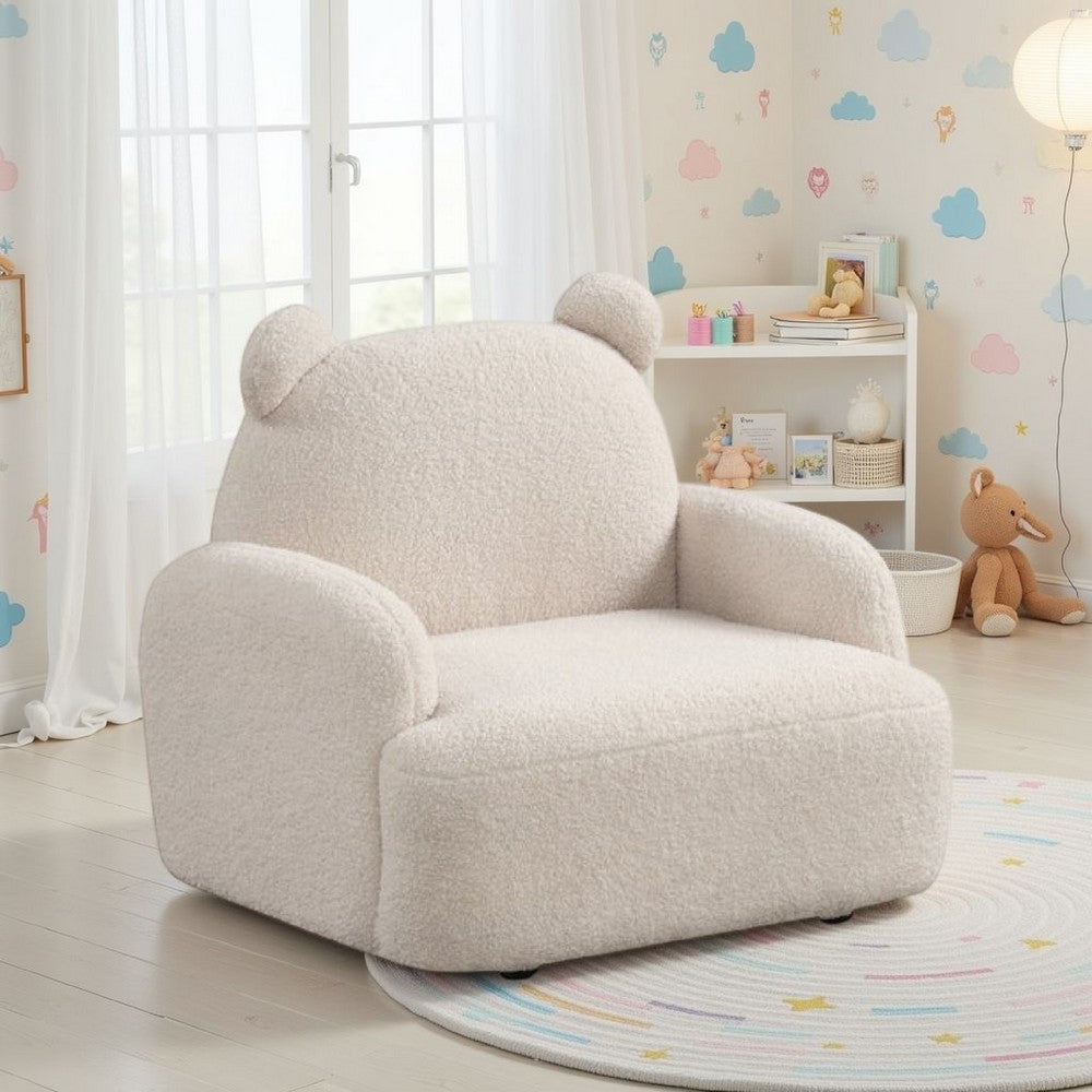 Benjara Raye Bear Shaped Kids Armchair with Black Legs, Beige Teddy Velvet