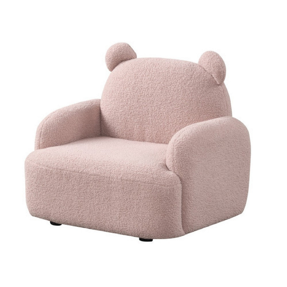 Benjara Raye Bear Shaped Kids Armchair with Black Legs, Pink Teddy Velvet