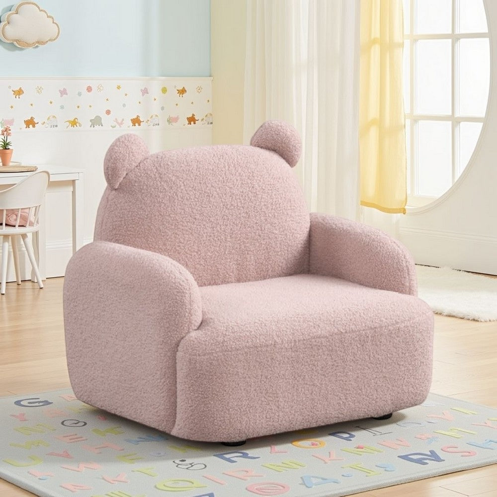 Benjara Raye Bear Shaped Kids Armchair with Black Legs, Pink Teddy Velvet