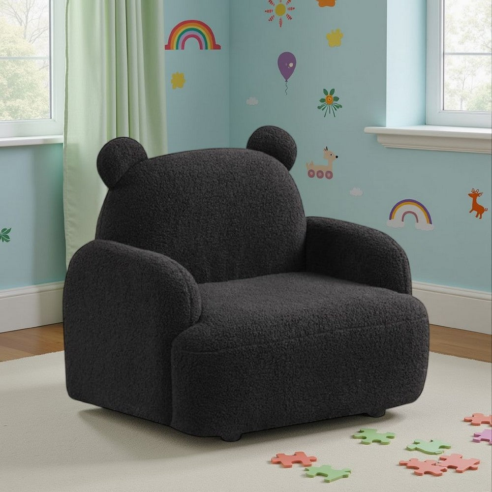 Benjara Raye Bear Shaped Kids Armchair with Black Legs, Black Teddy Velvet
