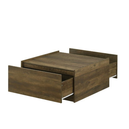 Benjara Trav Square Coffee Table, 2 Drawer, Raised Lip Tray Top, Brown 32 Inch