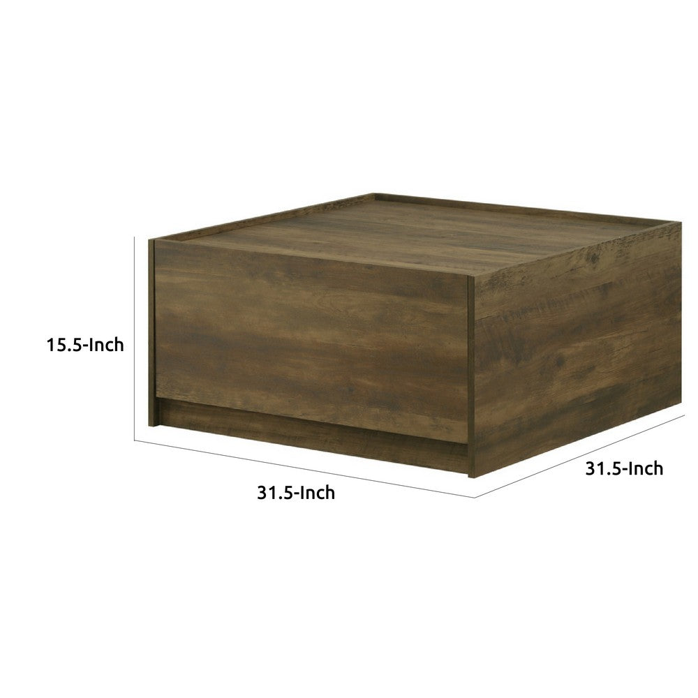 Benjara Trav Square Coffee Table, 2 Drawer, Raised Lip Tray Top, Brown 32 Inch