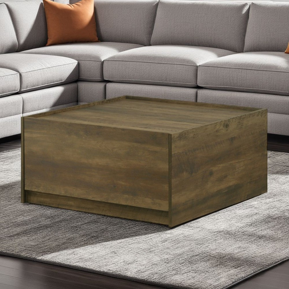 Benjara Trav Square Coffee Table, 2 Drawer, Raised Lip Tray Top, Brown 32 Inch