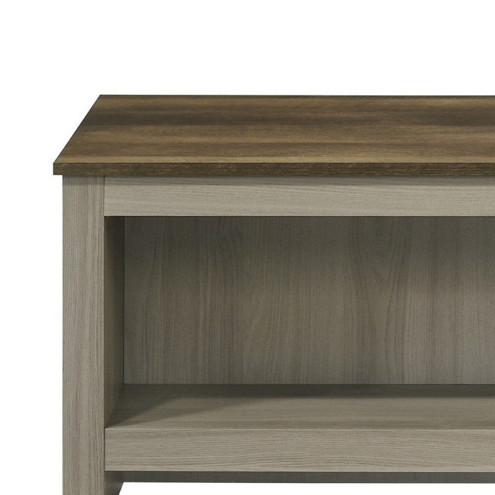 Benjara Nena Coffee Table with Open Shelves, Brown Wood Top, Oak Gray 43 Inch